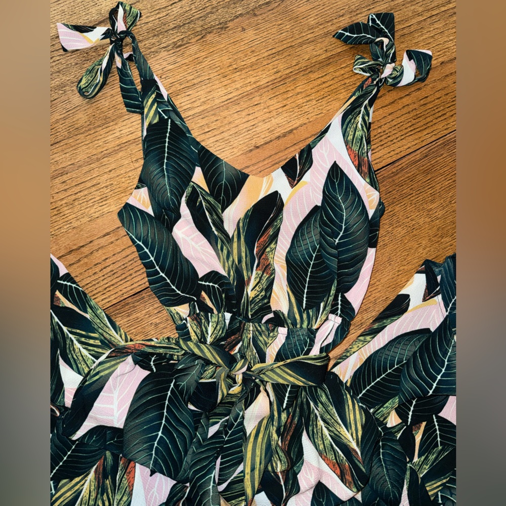 Belongsci Tropical Leaf Print Romper Vacation Jumpsuit Beach